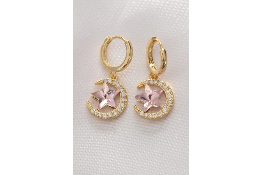 Shoecide Pirinç Gold Renk Pembe Zirkon Taşlı Yıldız Detay Ay Küpe