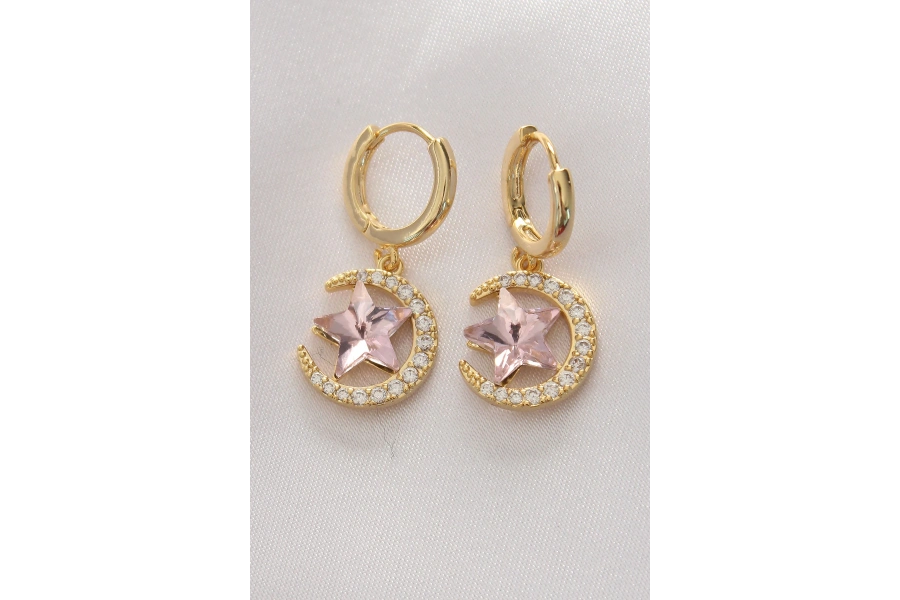 Shoecide Pirinç Gold Renk Pembe Zirkon Taşlı Yıldız Detay Ay Küpe