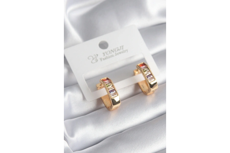 Shoecide Pirinç Gold Renk Renkli Zirkon Taşlı Kadın Küpe