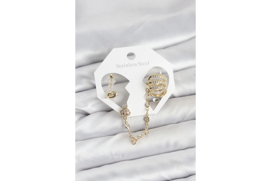 Shoecide Pirinç Gold Renk Sarmal Model Zincir Bağlantılı Ear Cuff Küpe Seti