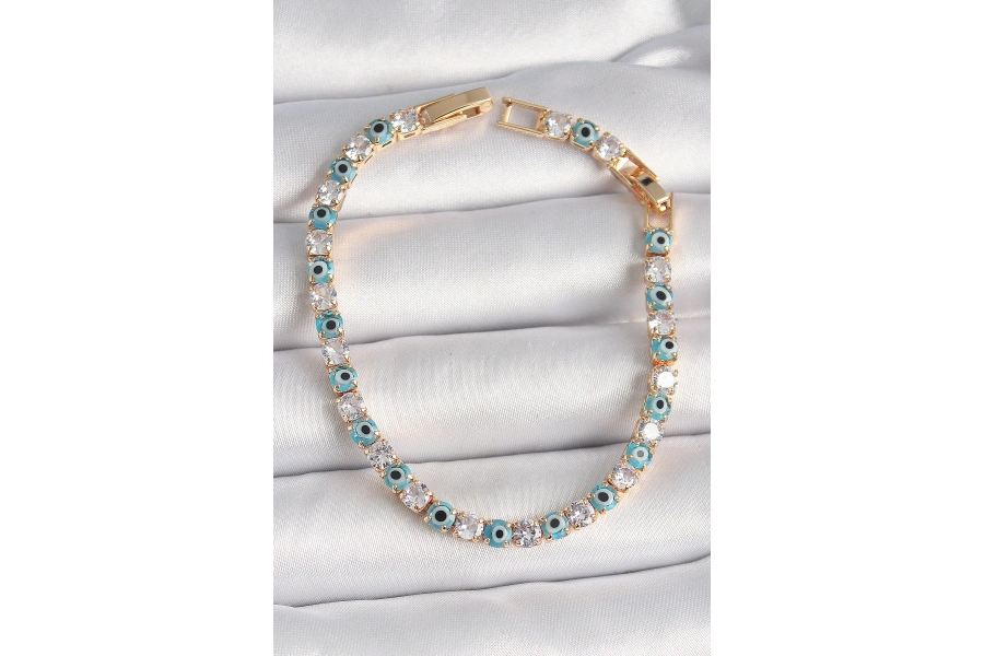 Shoecide Pirinç Gold Renk Su Yolu Zirkon Taşlı Nazar Boncuklu Kadın Bileklik