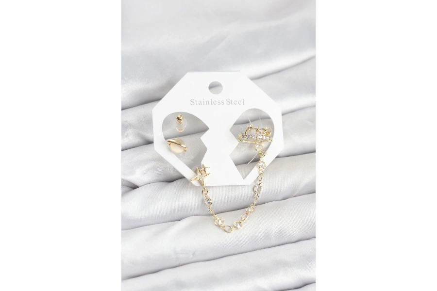 Shoecide Pirinç Gold Renk Uzay Model Zincir Bağlantılı Ear Cuff Küpe Seti