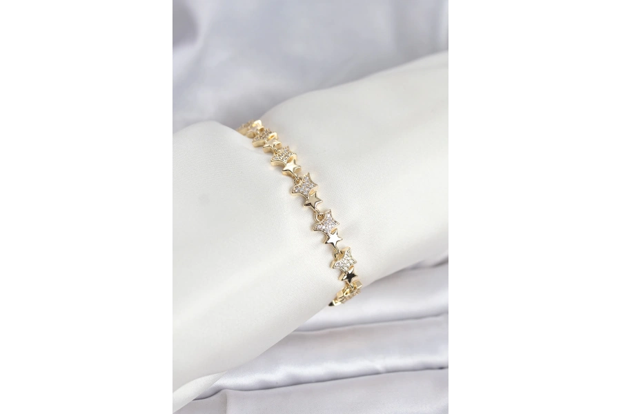 Shoecide Pirinç Gold Renk Vıp Seri Yıldız Model Zirkon Taşlı Kadın Bileklik