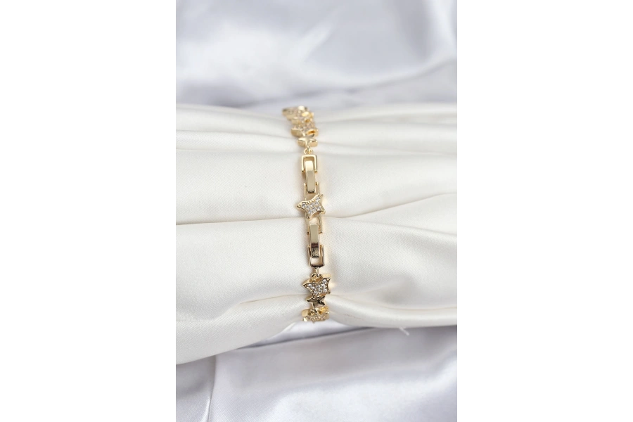 Shoecide Pirinç Gold Renk Vıp Seri Yıldız Model Zirkon Taşlı Kadın Bileklik