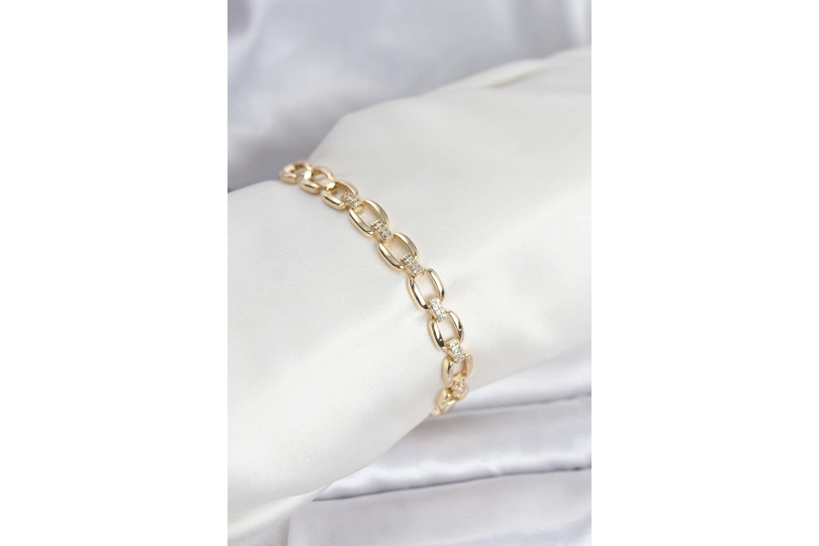 Shoecide Pirinç Gold Renk Vıp Seri Zincir Model Zirkon Taşlı Kadın Bileklik