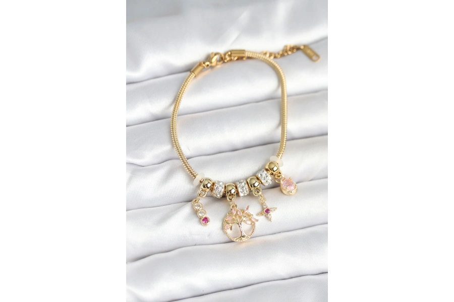 Shoecide Pirinç Gold Renk Yaşam Ağacı Charmlı Kadın Bileklik