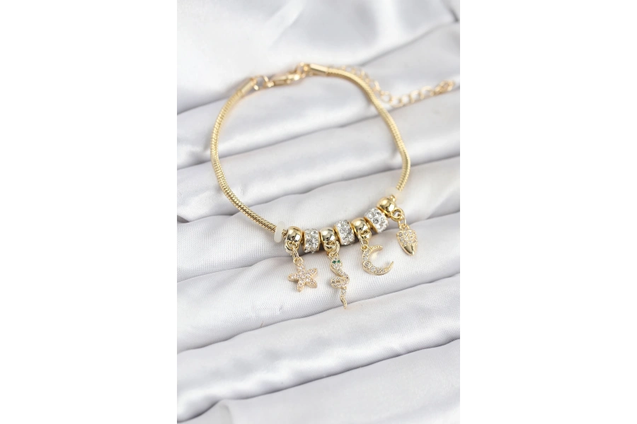 Shoecide Pirinç Gold Renk Yılan Charmlı Kadın Bileklik