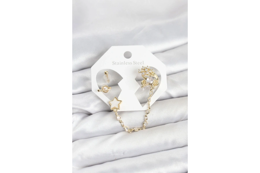 Shoecide Pirinç Gold Renk Yıldız Model Zincir Bağlantılı Ear Cuff Küpe Seti
