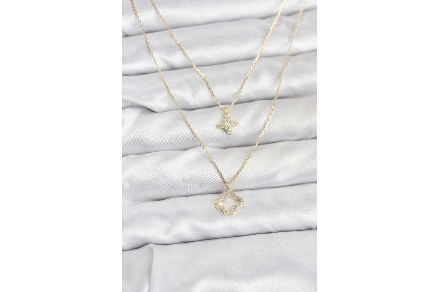 Shoecide Pirinç Gold Renk Yonca Model 2li Kadın Kolye