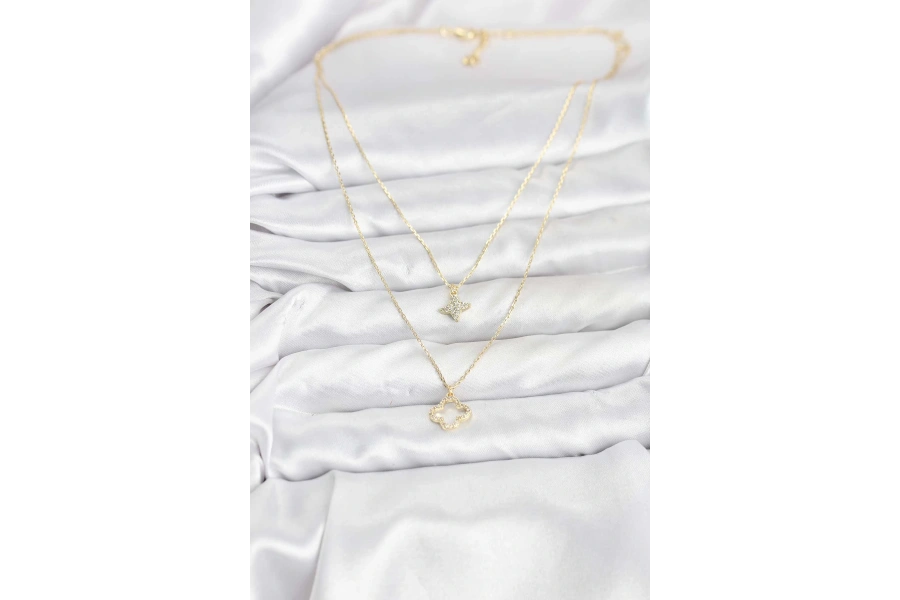 Shoecide Pirinç Gold Renk Yonca Model 2li Kadın Kolye