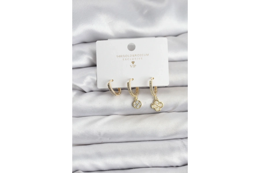 Shoecide Pirinç Gold Renk Yonca Model 3lü Kadın Küpe Seti