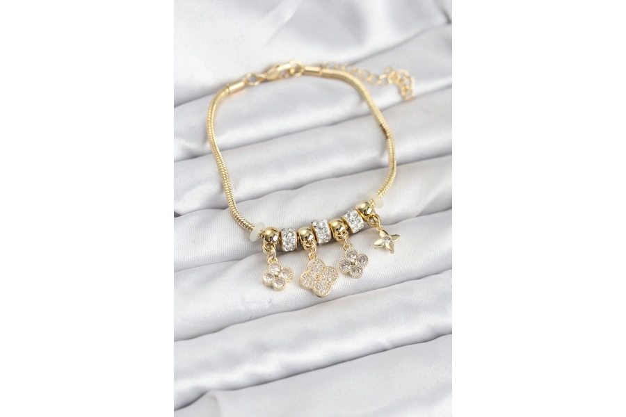 Shoecide Pirinç Gold Renk Yonca Model Kadın Bileklik