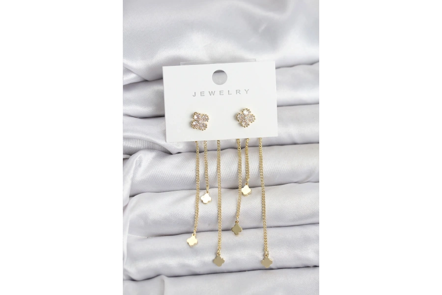 Shoecide Pirinç Gold Renk Yonca Model Sallantılı Kadın Küpe