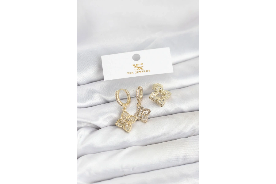 Shoecide Pirinç Gold Renk Yonca Model Ysx Trio Küpe Seti