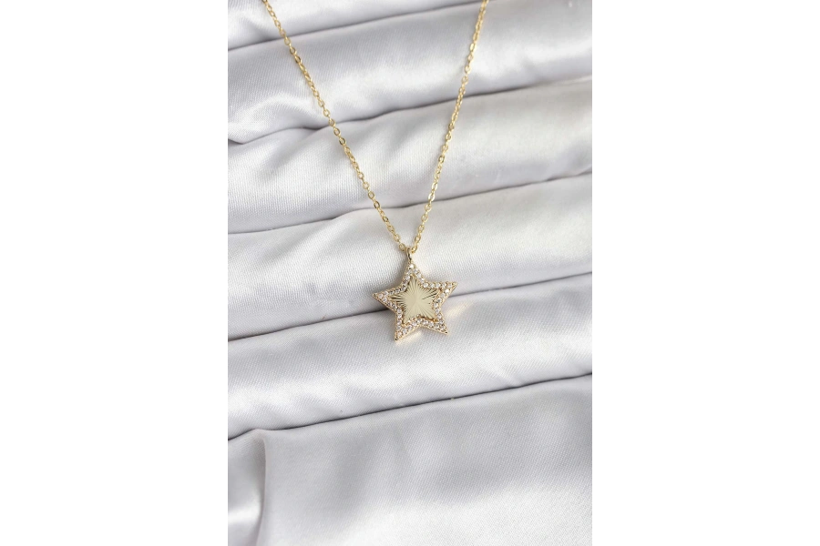 Shoecide Pirinç Gold Renk Zincirli Yıldızlı Model Kadın Kolye