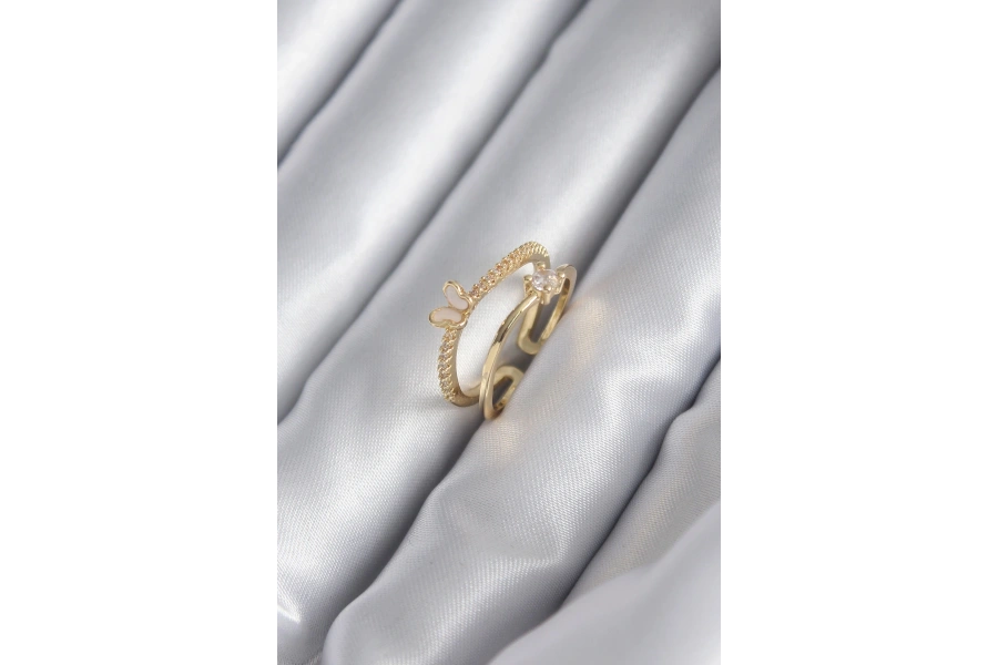 Shoecide Pirinç Gold Renk Zirkon Taş Detay Kelebek Model Kadın Yüzük