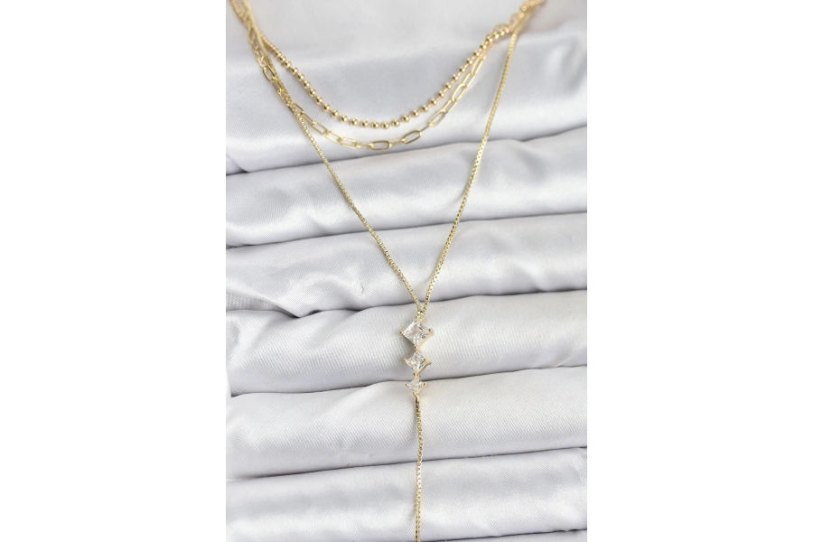 Shoecide Pirinç Gold Renk Zirkon Taş Detaylı 3lü Kombin Y Kadın Kolye