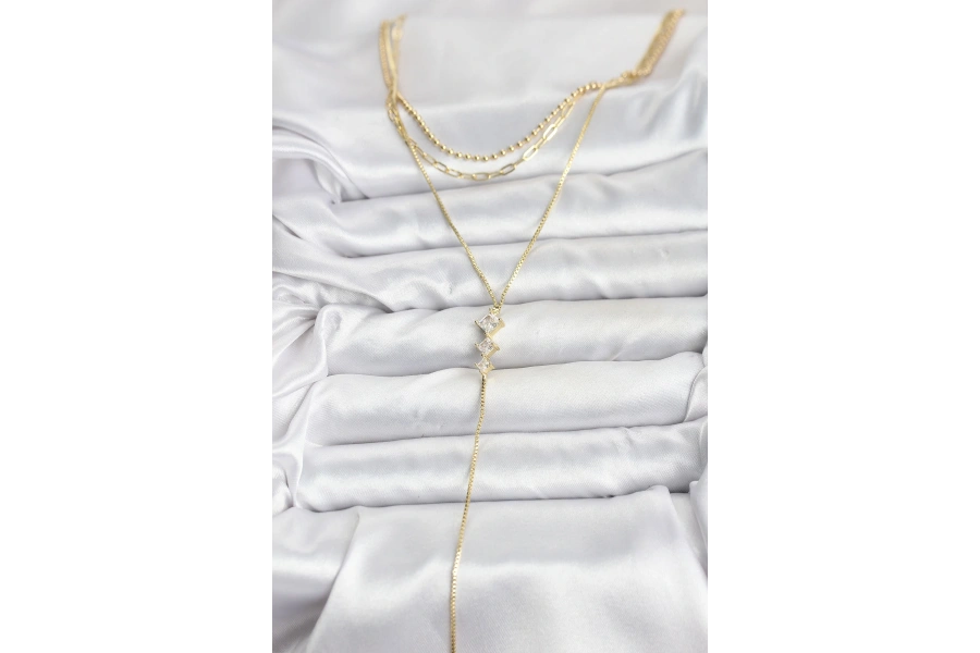 Shoecide Pirinç Gold Renk Zirkon Taş Detaylı 3lü Kombin Y Kadın Kolye