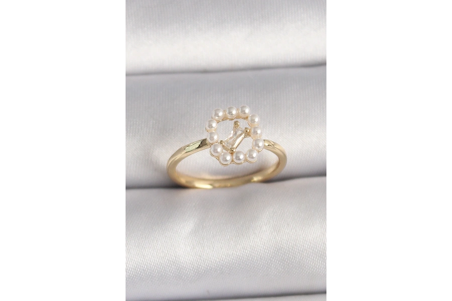 Shoecide Pirinç Gold Renk Zirkon Taş Detaylı İncili Ayarlanabilir Yüzük