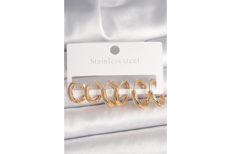 Shoecide Pirinç Gold Renk Zirkon Taşlı 3 Çift Daire Model Kadın Küpe