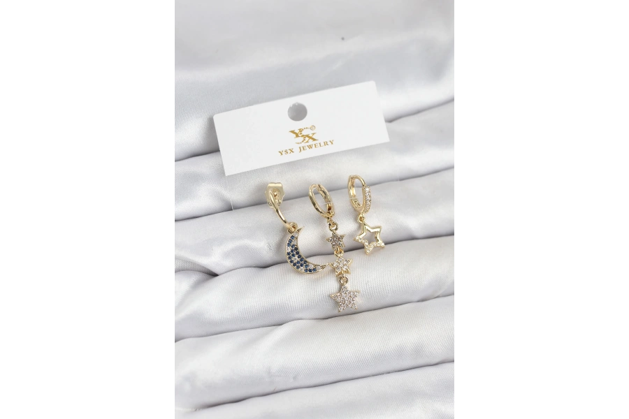 Shoecide Pirinç Gold Renk Zirkon Taşlı Ay Ve Yıldız Model Ysx Trio Küpe Seti
