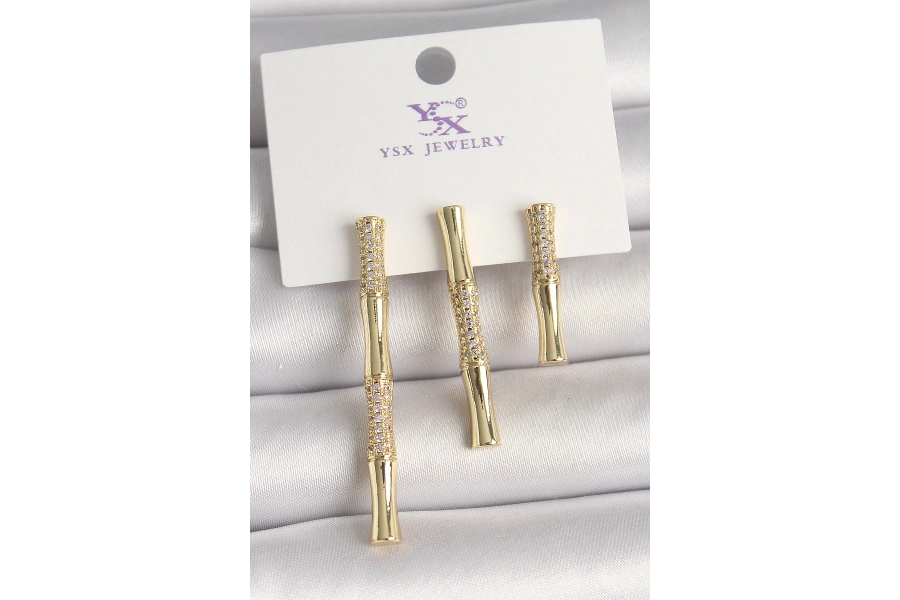Shoecide Pirinç Gold Renk Zirkon Taşlı Bambu Model 3lü Kadın Kombin Küpe