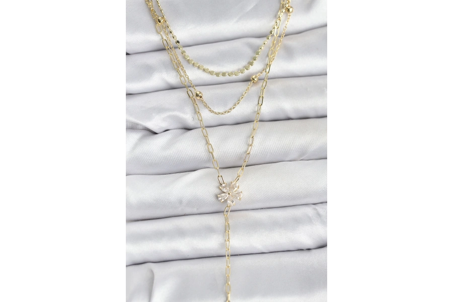 Shoecide Pirinç Gold Renk Zirkon Taşlı Çiçek Model Detaylı 3lü Kombin Y Kadın Kolye