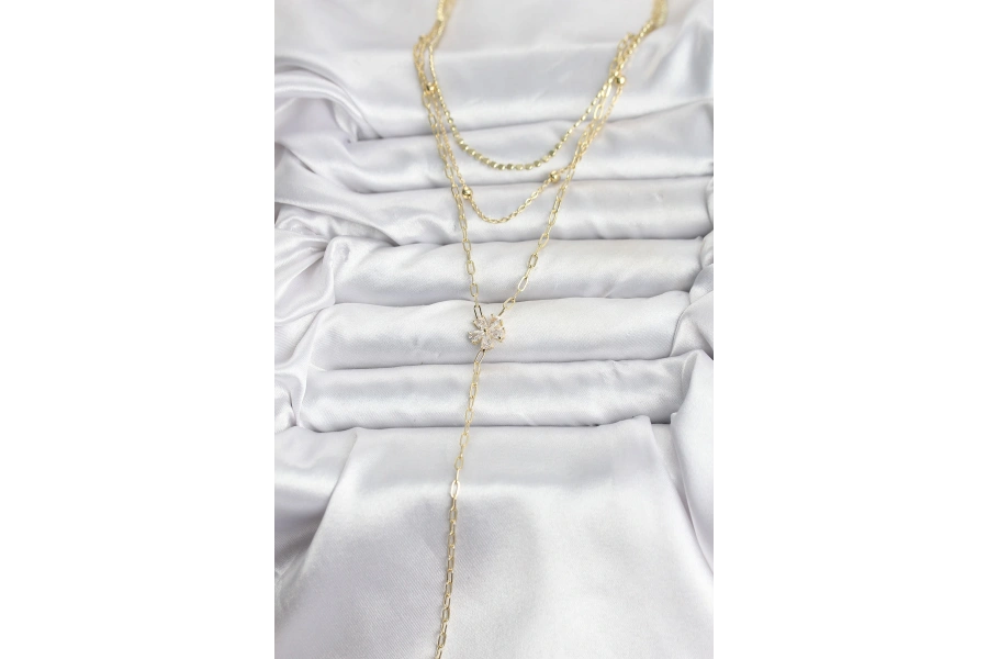 Shoecide Pirinç Gold Renk Zirkon Taşlı Çiçek Model Detaylı 3lü Kombin Y Kadın Kolye