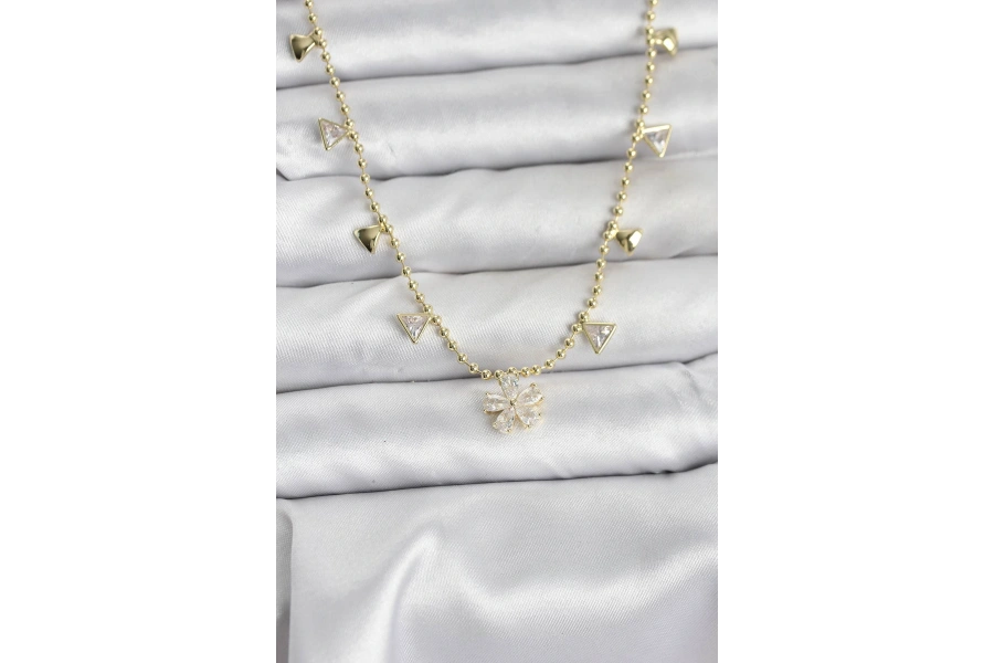 Shoecide Pirinç Gold Renk Zirkon Taşlı Çiçek Model Kadın Kolye