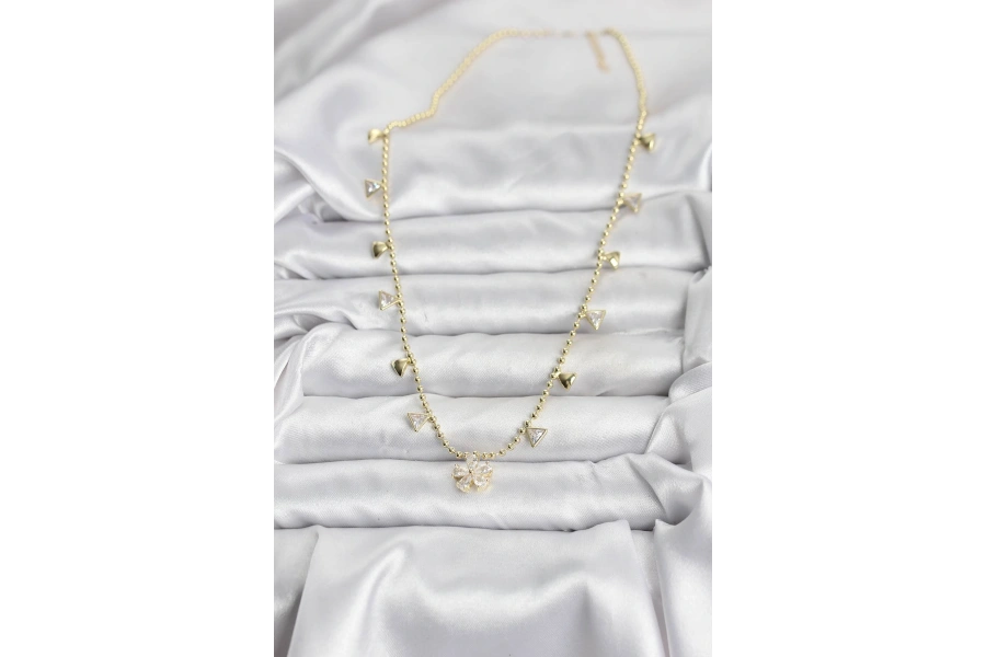 Shoecide Pirinç Gold Renk Zirkon Taşlı Çiçek Model Kadın Kolye