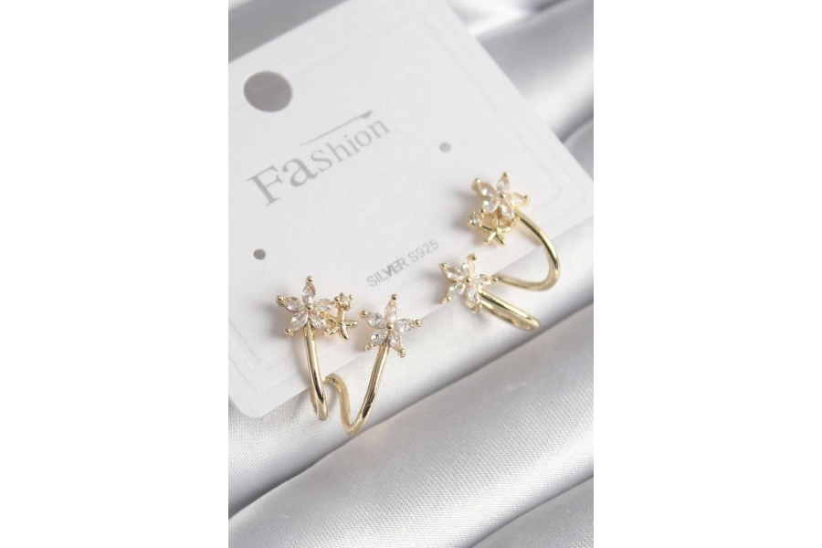 Shoecide Pirinç Gold Renk Zirkon Taşlı Çiçek Model Kadın Küpe
