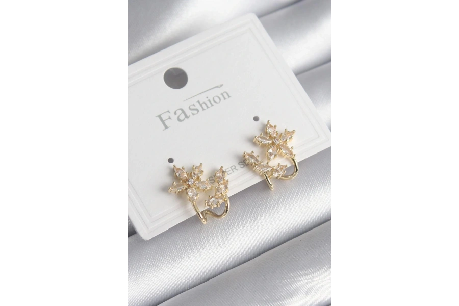 Shoecide Pirinç Gold Renk Zirkon Taşlı Çiçek Model Kadın Küpe