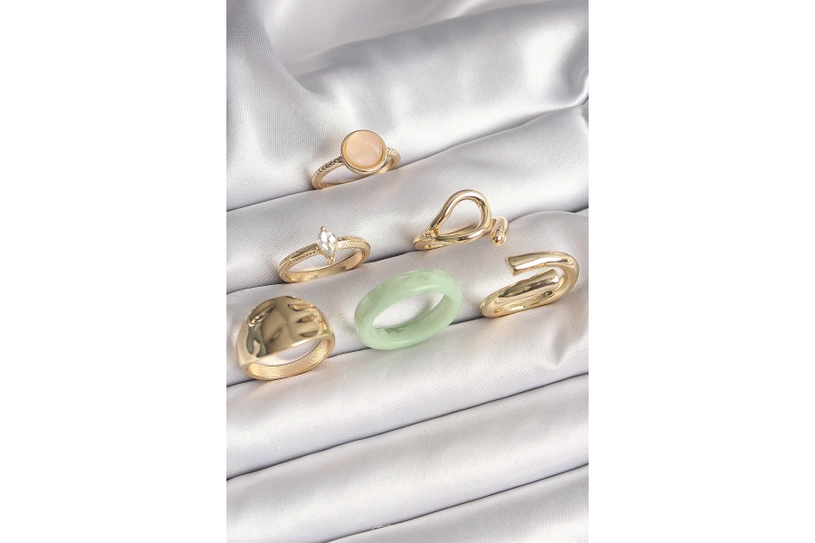 Shoecide Pirinç Gold Renk Zirkon Taşlı Daire Pembe Mineli Detay 6lı Kadın Yüzük Seti