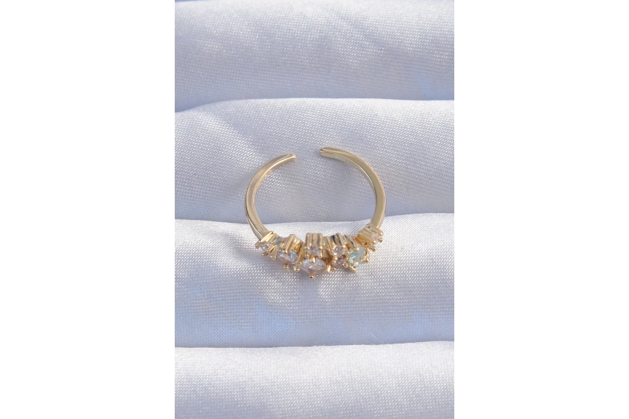 Shoecide Pirinç Gold Renk Zirkon Taşlı Damla Detay Ayarlanabilir Yüzük