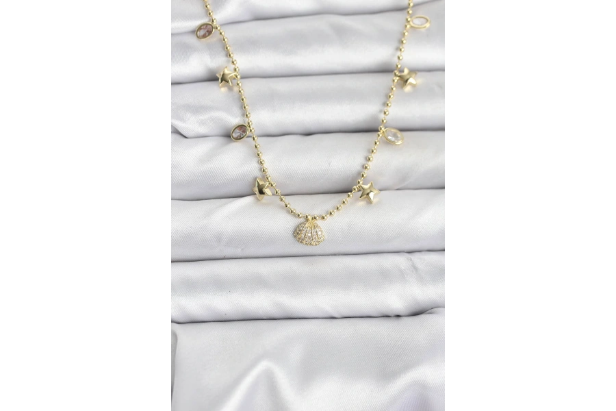 Shoecide Pirinç Gold Renk Zirkon Taşlı Deniz Kabuğu Model Kadın Kolye