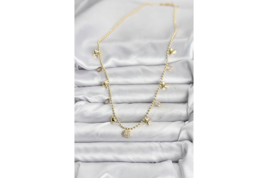 Shoecide Pirinç Gold Renk Zirkon Taşlı Deniz Kabuğu Model Kadın Kolye