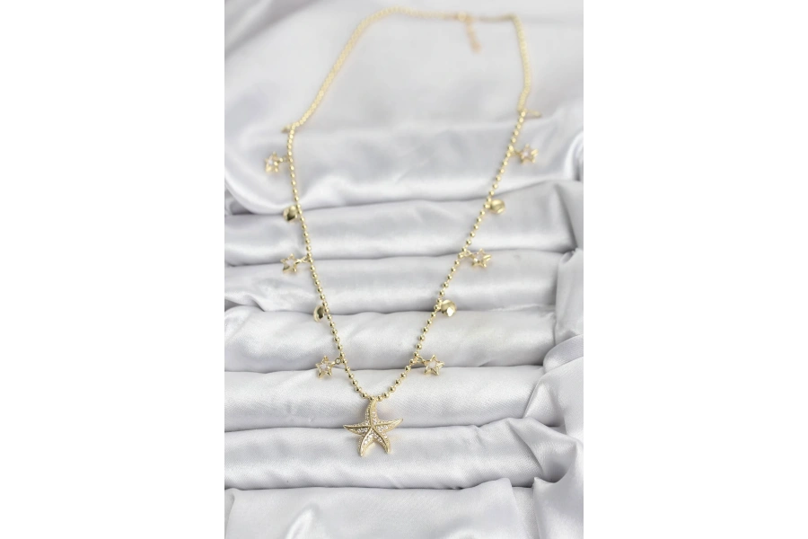 Shoecide Pirinç Gold Renk Zirkon Taşlı Deniz Yıldızı Model Kadın Kolye