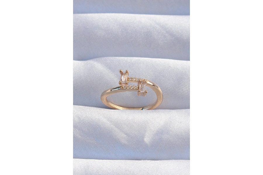 Shoecide Pirinç Gold Renk Zirkon Taşlı Geometrik Ayarlanabilir Yüzük