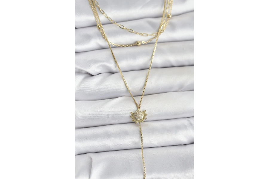 Shoecide Pirinç Gold Renk Zirkon Taşlı Güneş Model Detaylı 3lü Kombin Y Kadın Kolye