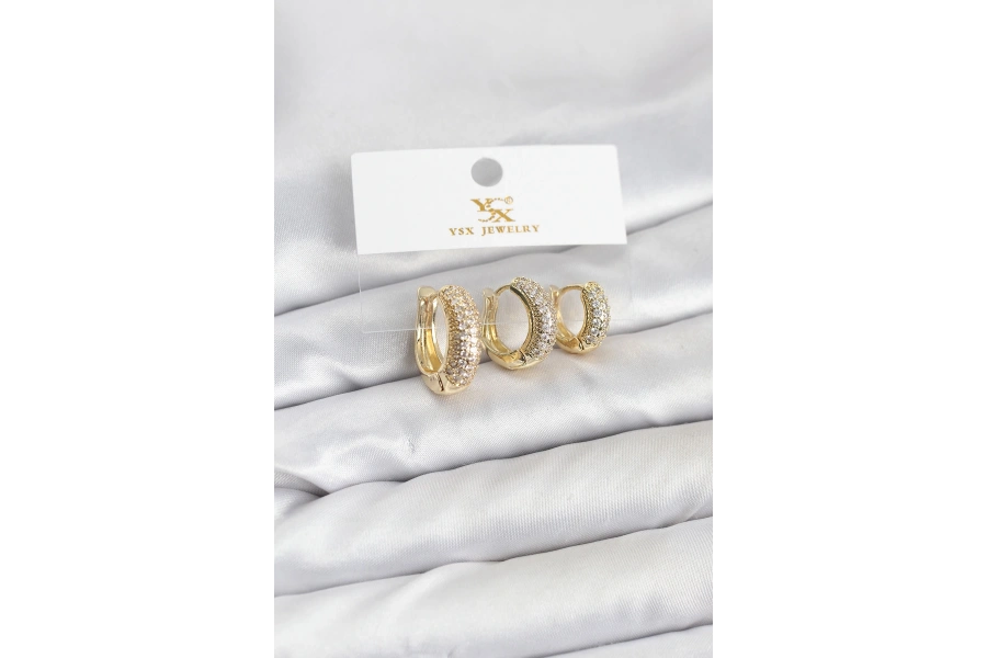 Shoecide Pirinç Gold Renk Zirkon Taşlı Halka Model Ysx Trio Küpe Seti
