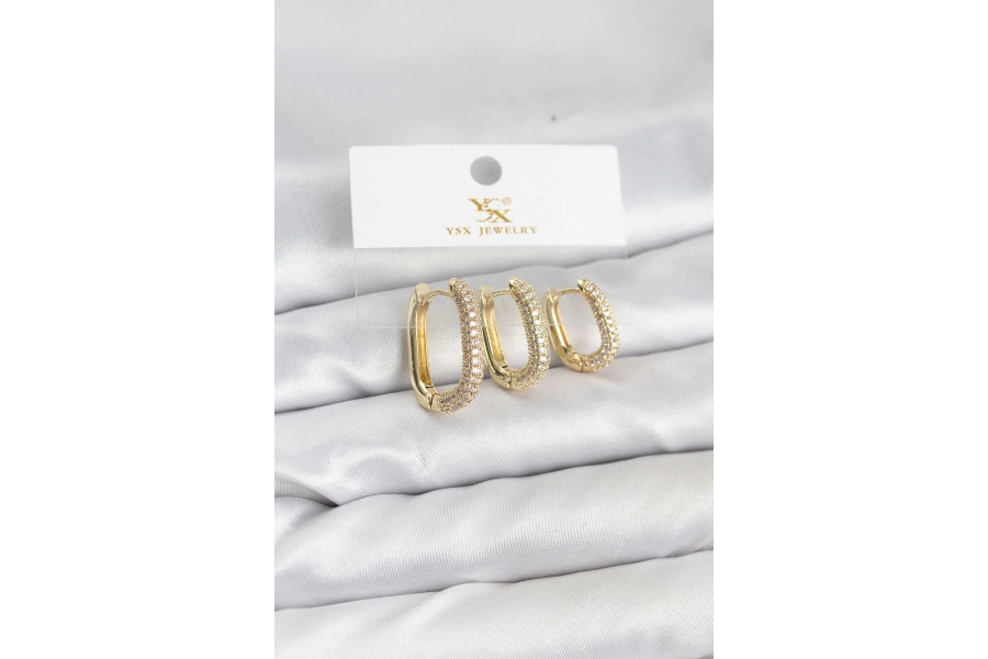 Shoecide Pirinç Gold Renk Zirkon Taşlı Halka Model Ysx Trio Küpe Seti