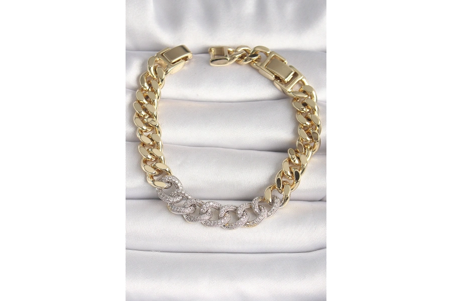 Shoecide Pirinç Gold Renk Zirkon Taşlı Halka Zincir Xuping Vıp Seri Exculusive Kadın Bileklik
