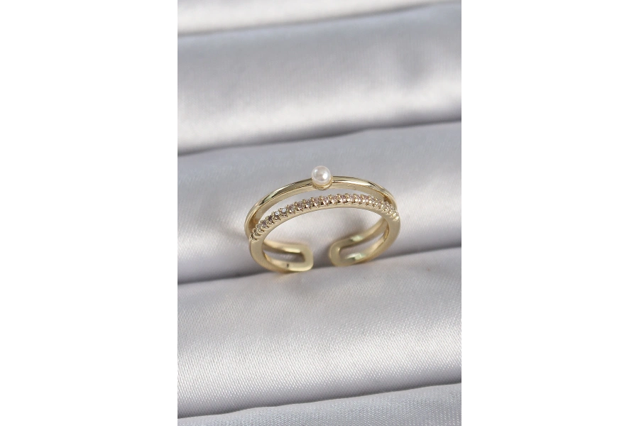 Shoecide Pirinç Gold Renk Zirkon Taşlı İnci Detay Ayarlanabilir Model Kadın Yüzük