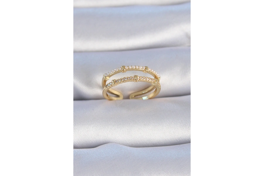 Shoecide Pirinç Gold Renk Zirkon Taşlı İnci Detay Kadın Yüzük