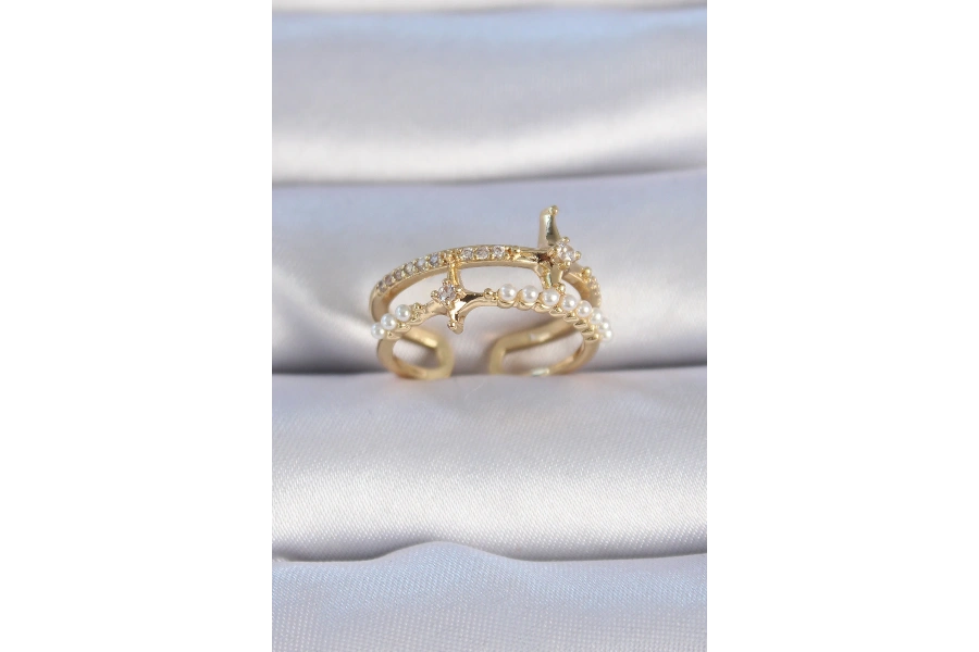 Shoecide Pirinç Gold Renk Zirkon Taşlı İnci Detay Kutup Yıldızı Model Kadın Yüzük