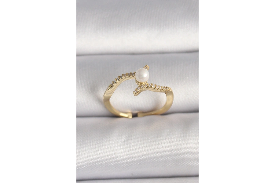 Shoecide Pirinç Gold Renk Zirkon Taşlı İncili Ayarlanabilir Yüzük