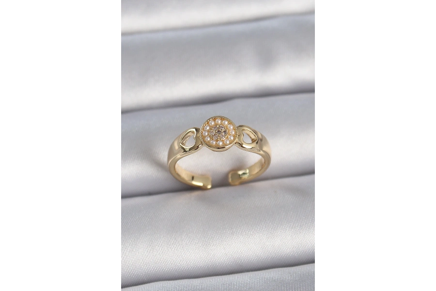 Shoecide Pirinç Gold Renk Zirkon Taşlı İncili Kalp İşleme Detay Ayarlanabilir Kadın Yüzük