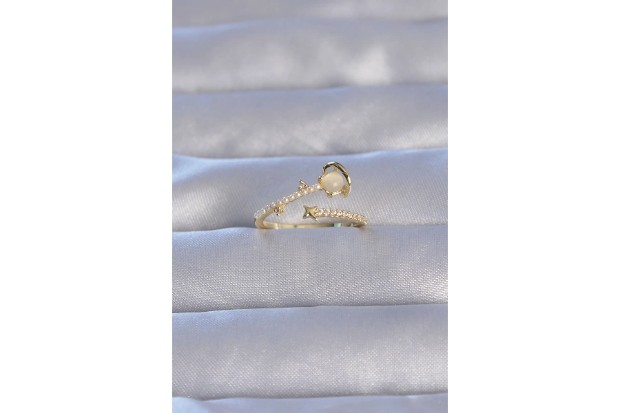 Shoecide Pirinç Gold Renk Zirkon Taşlı İncili Satürn Model Ayarlanabilir Yüzük