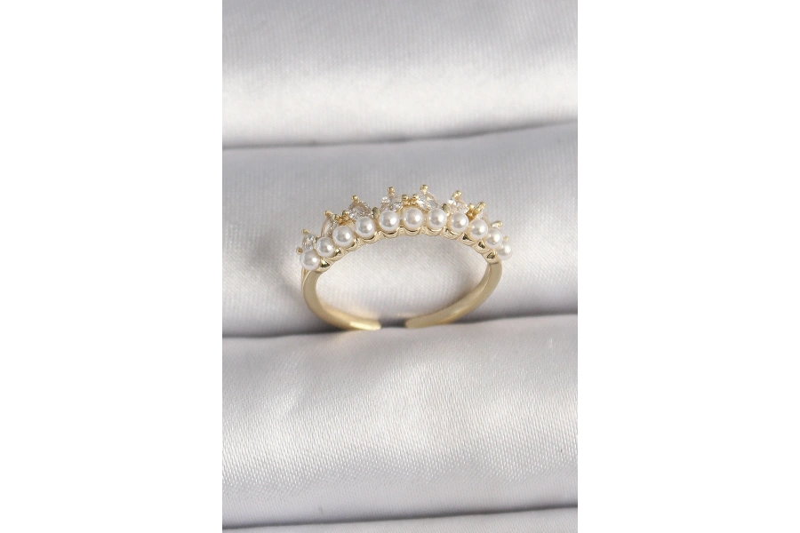 Shoecide Pirinç Gold Renk Zirkon Taşlı İncili Taç Model Ayarlanabilir Kadın Yüzük