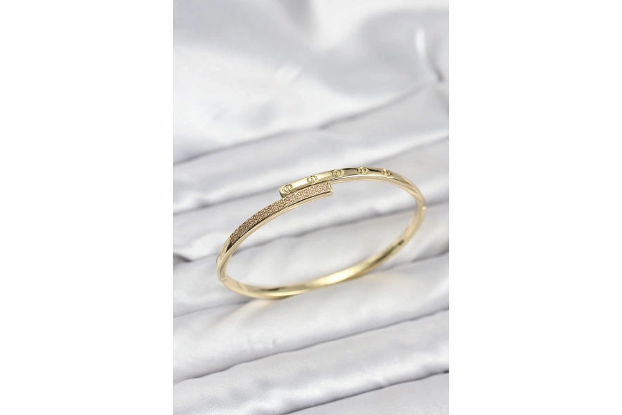 Shoecide Pirinç Gold Renk Zirkon Taşlı Kadın Kelepçe Bileklik